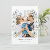 Winter Bloemenlijst Stof Blauw Foto Feestdagenkaart (Staand voorkant)