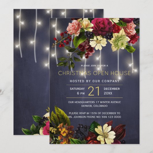 Winter  bloemenrode marine Holiday Open House Kaart (Voorkant / Achterkant)