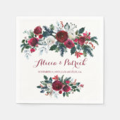 Winter bloemenrustieke bordeaux dennengroene bruil servet (Voorkant)
