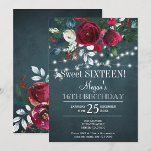 Winter bloemige elegante bordeauxrood sweet sixtee kaart