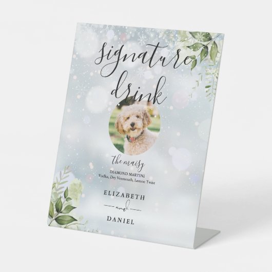 Winter Bloemige Groene Huwelijksfeest Signature Dr Reclamebord Met Voetstuk (Voorkant)