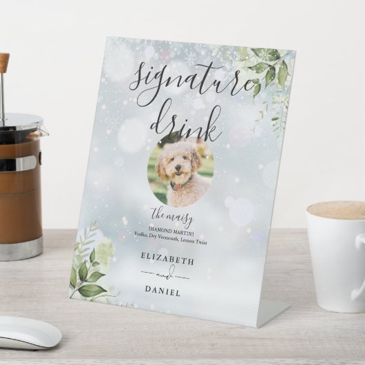 Winter Bloemige Groene Huwelijksfeest Signature Dr Reclamebord Met Voetstuk (Insitu)
