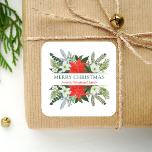 Winter Bloemige Groene Kerst Waterverf Vierkante Sticker