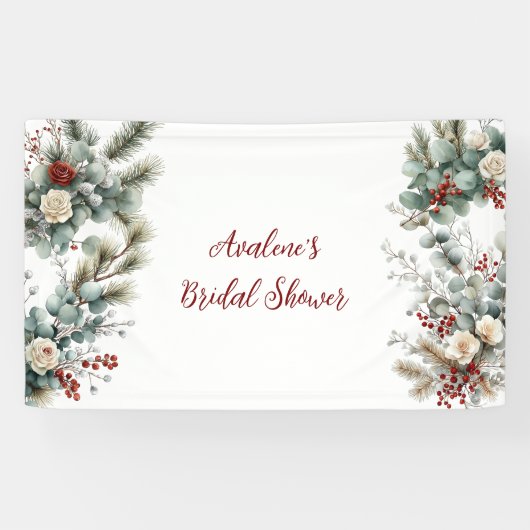 Winter Bloemige Rode Witte Roos Bruiloft Feest Spandoek (Horizontaal)