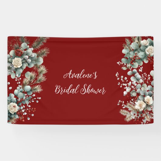 Winter Bloemige Rode Witte Rozen Bruiloft Feest Spandoek (Horizontaal)