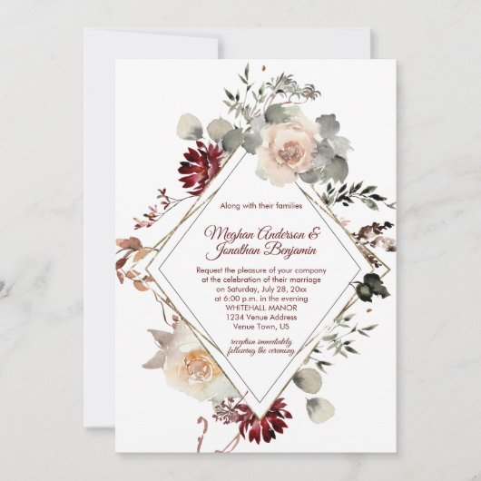 Winter Blooms Diamantvorm - Bourgondische bruiloft Kaart (Voorkant)