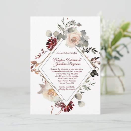 Winter Blooms Diamantvorm - Bourgondische bruiloft Kaart (Staand voorkant)