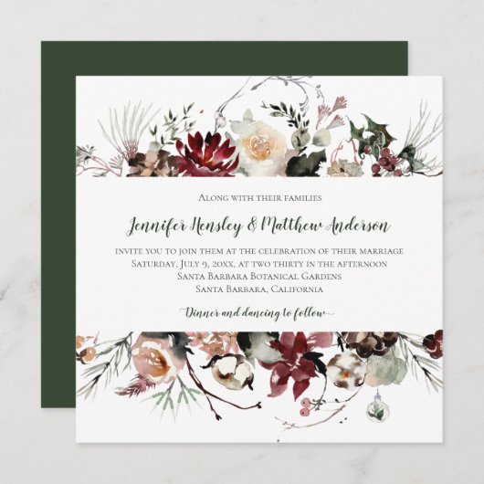 Winter Blooms - Donker Bos Groene Tekst Bruiloft | Kaart (Voorkant / Achterkant)