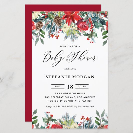 Winter Blooms Floral Baby shower Uitnodiging (Voorkant / Achterkant)