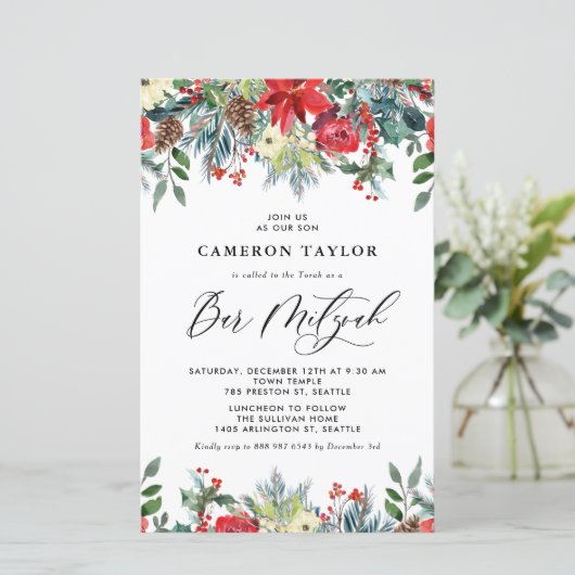 Winter Blooms Floral Bar Mitswa Uitnodiging (Staand voorkant)