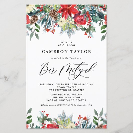 Winter Blooms Floral Bar Mitswa Uitnodiging (Voorkant)