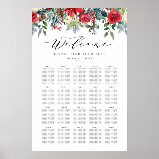 Winter Blooms Garland Wedding Seating Chart Poster (Voorkant)