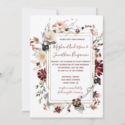 Winter Blooms Gold Lijst - Bourgogne - Bruiloft | Kaart (Voorkant)