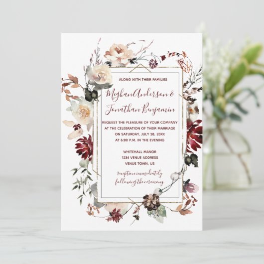 Winter Blooms Gold Lijst - Bourgogne - Bruiloft | Kaart (Staand voorkant)