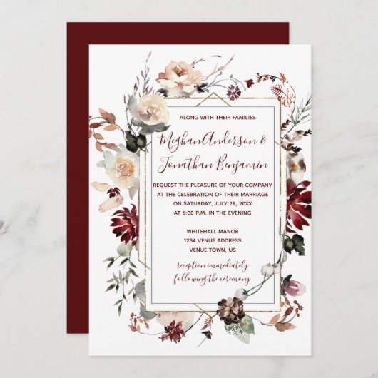 Winter Blooms Gold Lijst - Bourgogne - Bruiloft | Kaart (Voorkant / Achterkant)