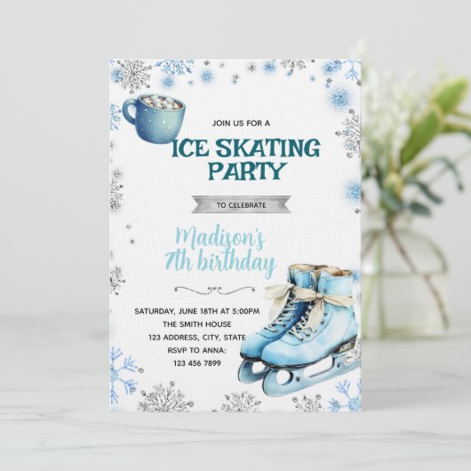 Winter Blue and Silver Skating Invitation Kaart (Staand voorkant)