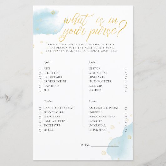 Winter Blue Baby shower Game Wat in je tas (Voorkant)