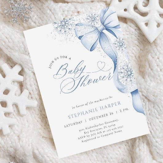Winter Blue Bow Baby shower Kaart