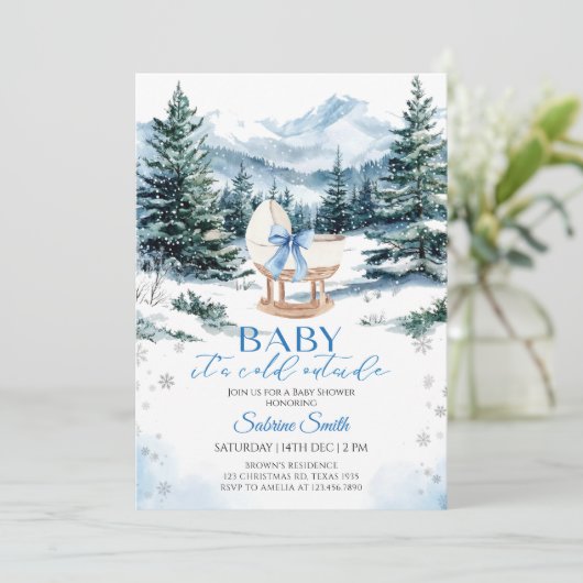 Winter Blue Bow Cradle Baby Shower Kaart (Staand voorkant)