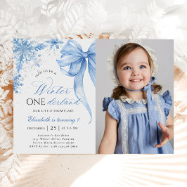 Winter Blue Bow Snowflake 1st Birthday Foto Kaart
