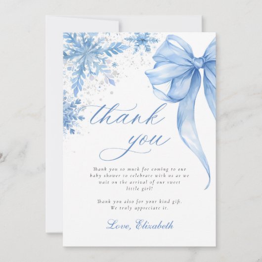 Winter Blue Bow Snowflakes Baby Shower Bedankkaart (Voorkant)