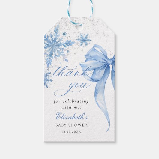 Winter Blue Bow Snowflakes Baby shower Cadeaulabel (Voorkant)