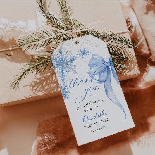 Winter Blue Bow Snowflakes Baby shower Cadeaulabel