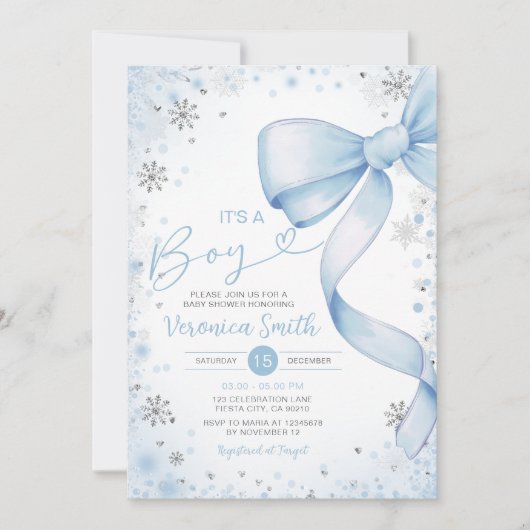 Winter Blue Bow thema Meisje Coquette Baby Shower Kaart (Voorkant)