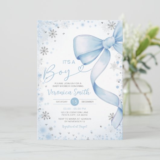Winter Blue Bow thema Meisje Coquette Baby Shower Kaart (Staand voorkant)