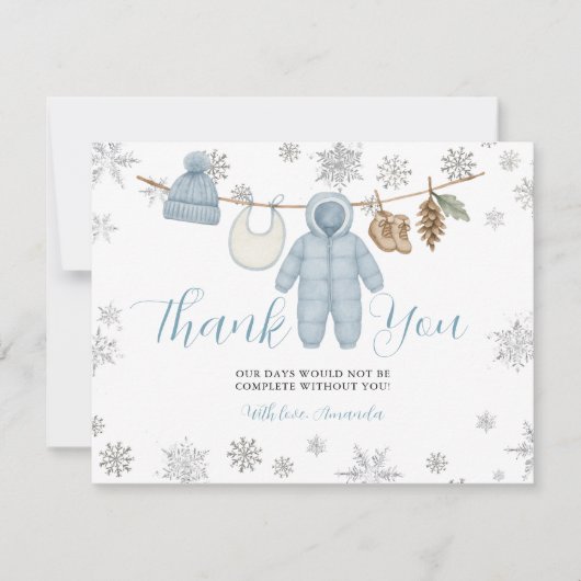 Winter Blue Boy Baby Shower Snowflakes Thank You Bedankkaart (Voorkant)