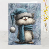 Winter Blue Christmas Cat With Hat And Scarf Kaart (Gele Bloem)
