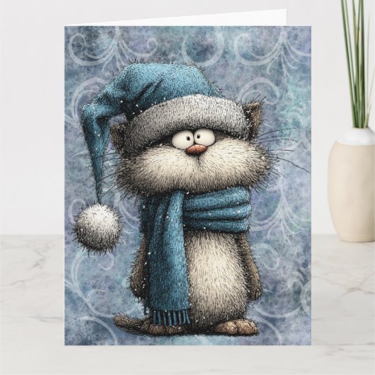 Winter Blue Christmas Cat With Hat And Scarf Kaart (Voorkant)