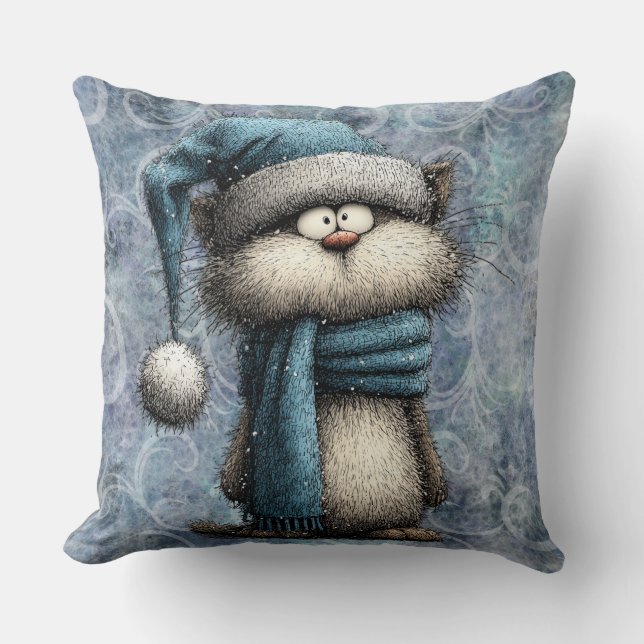 Winter Blue Christmas Cat With Hat And Scarf Kussen (Voorkant)