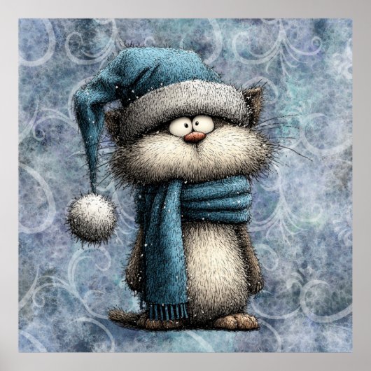 Winter Blue Christmas Cat With Hat And Scarf Poster (Voorkant)