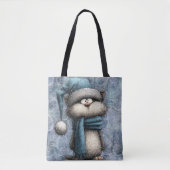 Winter Blue Christmas Cat With Hat And Scarf Tote Bag (Voorkant)