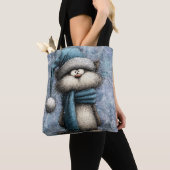 Winter Blue Christmas Cat With Hat And Scarf Tote Bag (Dichtbij)