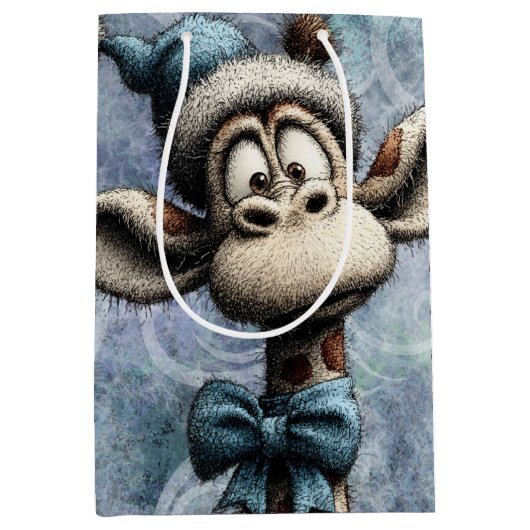 Winter Blue Christmas Cute Giraffe With Hat Medium Cadeauzakje (Voorkant)