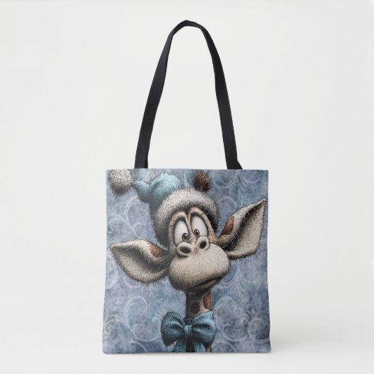Winter Blue Christmas Cute Giraffe With Hat Tote Bag (Voorkant)