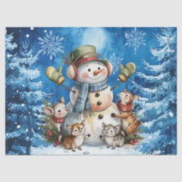 Winter Blue Christmas Snowman & Woodland Animals Tissuepapier