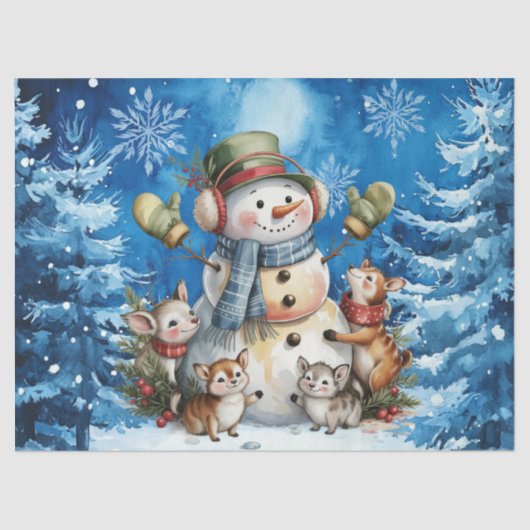 Winter Blue Christmas Snowman & Woodland Animals Tissuepapier (Voorkant)