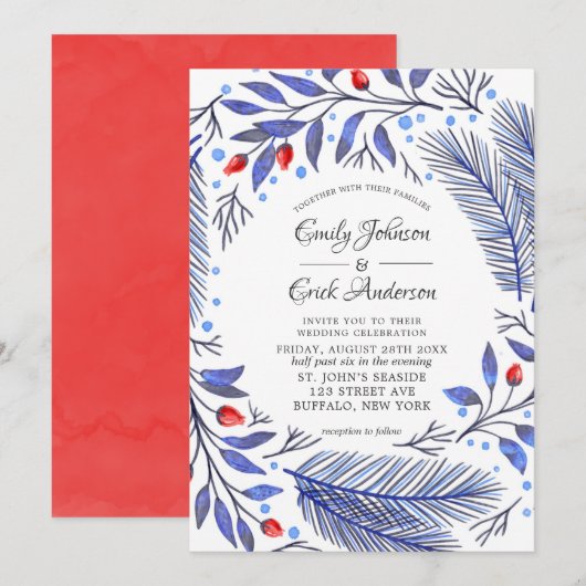 Winter Blue en Red Berry kerstbruiloft Kaart (Voorkant / Achterkant)