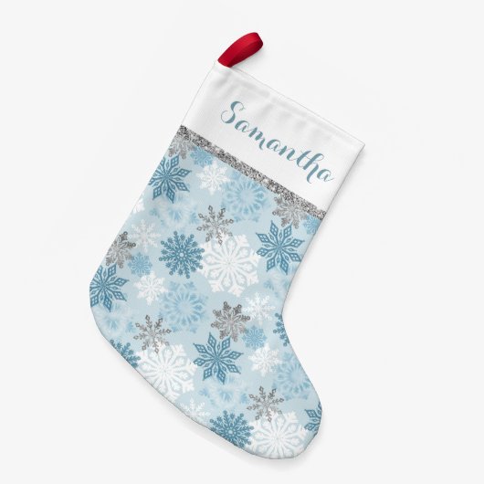Winter Blue en Silver gepersonaliseerd Kleine Kerstsok (Voorkant (Hangend))