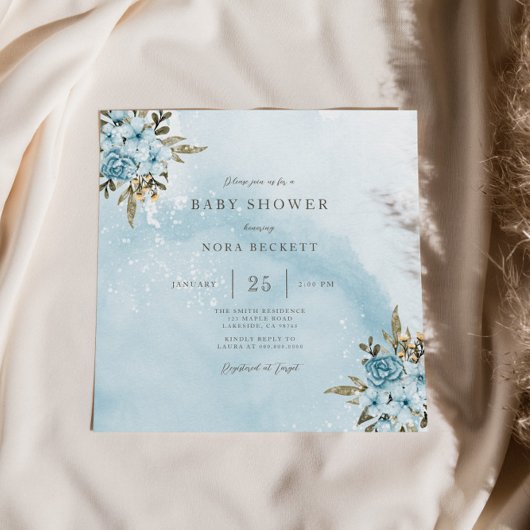 Winter Blue Floral Baby shower Kaart