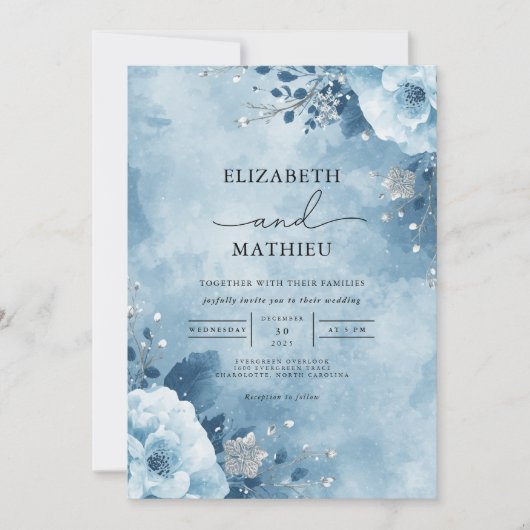 Winter Blue Floral Flourish Wedding Kaart (Voorkant)