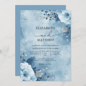 Winter Blue Floral Flourish Wedding Kaart (Voorkant / Achterkant)