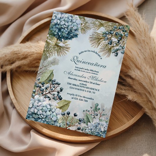 Winter Blue Floral Quinceañera Kaart