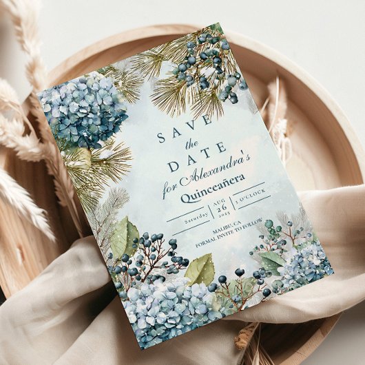 Winter Blue Floral Quinceañera Save The Date