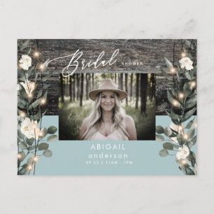 Winter Blue Foliage Lights & White Floral Foto in Uitnodiging Briefkaart