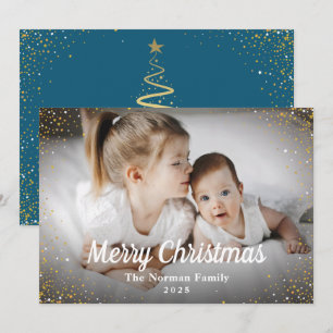 Winter Blue Gold Glitter Merry kerstfoto Feestdagenkaart