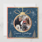 Winter Blue Gold Kerstversiering 2 Foto Feestdagenkaart (Voorkant)